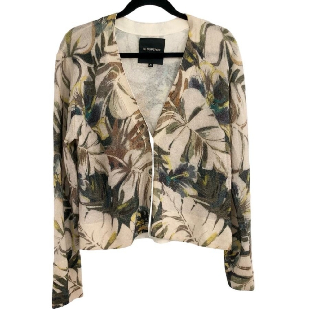 LE SUPERBE Paradise Floral Cashmere Leaf Print Brown Green  Cardigan Medium RARE